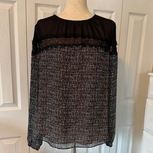 White House Black Market Sheer Yoke Printed Blouse Long Sleeve Sz Long 14